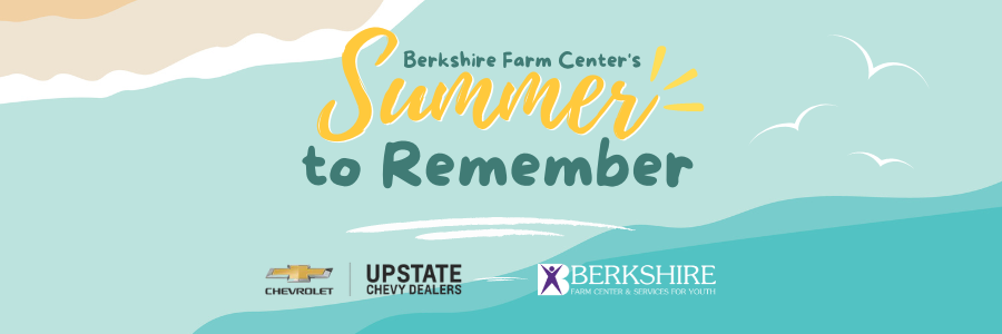 Promotional banner for berkshire farm center's "summer to remember" event, featuring a beach-themed background and logos of sponsors such as chevrolet and upstate chevy dealers.