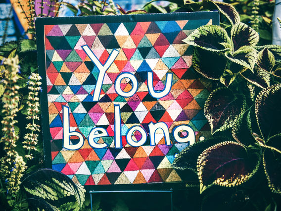 Colorful mosaic tile background with the message "you belong" in bold lettering, surrounded by lush greenery and plants.