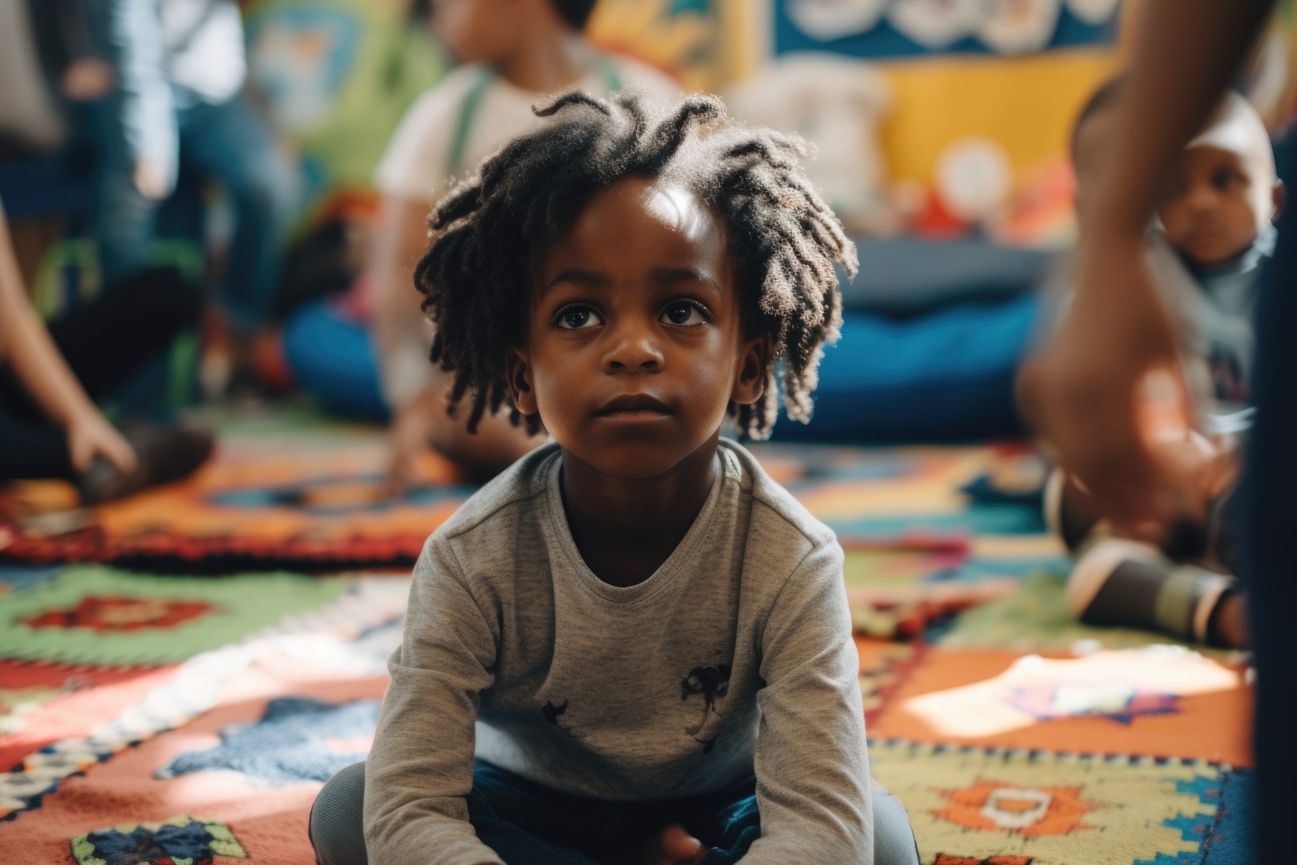 An african american black-skinned preschooler boy participating in a group circle time in kindergarten, sitting on a colorful mat and listening.