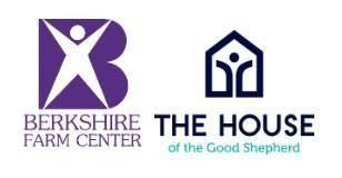 A logo image showing two organizations' logos. On the left, the "Berkshire Farm Center" logo features a purple 'B' with a white stylized human figure. On the right, the "The House of the Good Shepherd" logo has a navy blue house outline with two stylized human figures and text below.