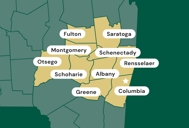 A map highlighting several counties in the state of New York. The highlighted counties include Fulton, Saratoga, Schenectady, Rensselaer, Albany, Columbia, Greene, Schoharie, Montgomery, and Otsego. Albany is marked with a white star.