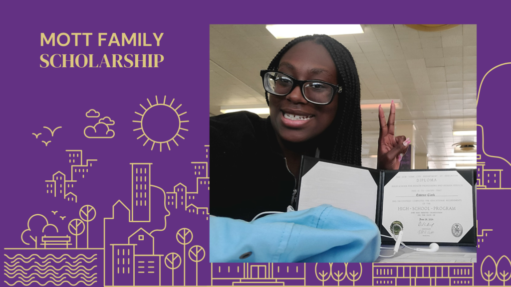 A smiling person with glasses flashes a peace sign while holding an open diploma. They are in an indoor setting. The image background is purple with "Mott Family Scholarship" written in yellow. The background also features yellow line drawings of buildings and nature elements.