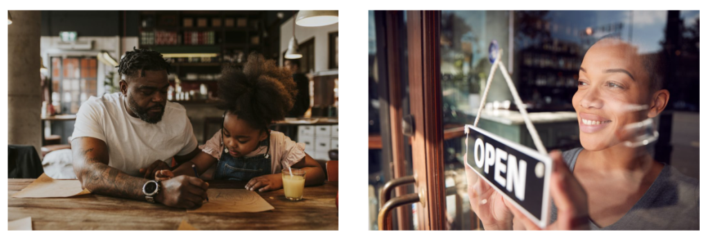 Left image: A man and a young girl drawing together at a wooden table with juice nearby. Right image: A person smiling as they flip a sign to "OPEN" on a glass door, with reflections visible.