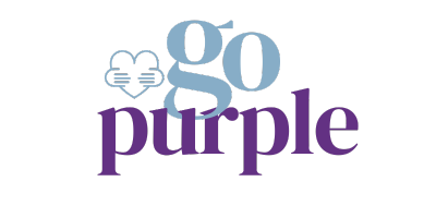 Text "go purple" in lowercase with "go" in light blue and "purple" in dark purple. Above "go" is a light blue heart outlined with lines, resembling open book pages. The background is white.