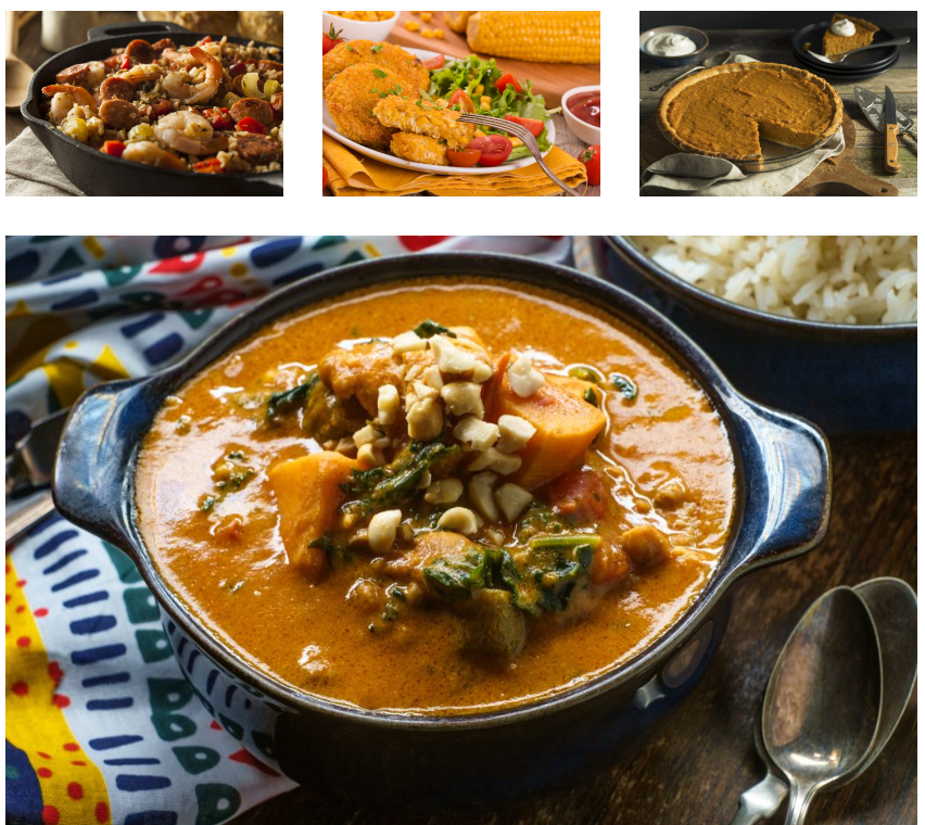 A collage of dishes: a skillet with shrimp and vegetables, a plate with fried chicken, corn, and sauce, a pumpkin pie with whipped cream, and a bowl of curry with peanuts and greens, accompanied by a side of rice and colorful fabrics.