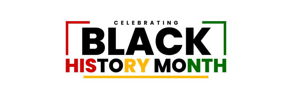 Text reading "Celebrating Black History Month" with "Black" in bold black letters, "History" in bold red, yellow, and green letters, and decorative lines in matching colors above and below on a white background.