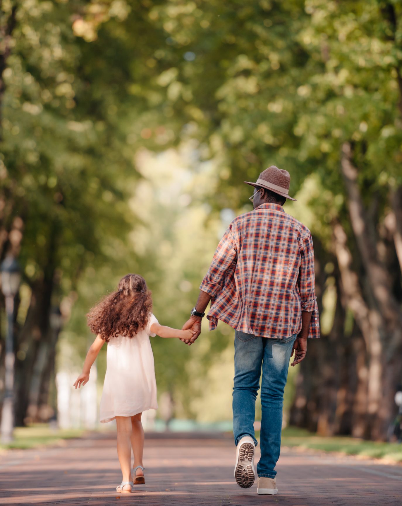 A man wearing a hat and a plaid shirt holds hands with a young girl in a white dress as they walk down a tree-lined path. The trees create a green canopy overhead, and sunlight filters through the leaves. Both are seen from behind.